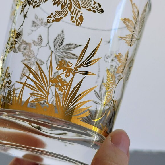 Vintage MCM Clear & 22K Gold Foil Leaves Double Old Fashioned Tumbler Set of 2 - Picture 7 of 10